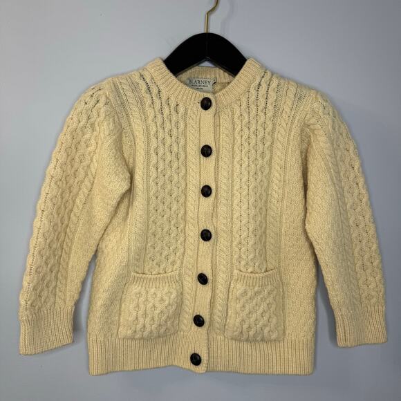 Blarney Woollen Mills Pure New Wool Cream Cardigan Fishermen's Sweater Girls M